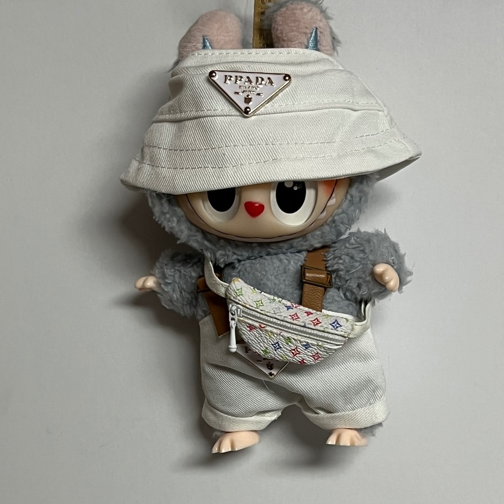 Designer Overalls Bucket Hat Bag 3 Piece Outfit For Labubu White